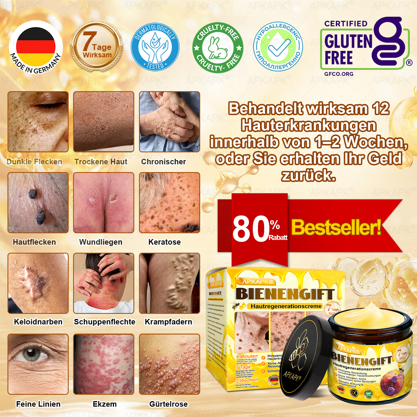 Hergestellt in Deutschland ✨APKAPK® Bienengift Hautregenerations creme – Anti-Aging, Feuchtigkeitsspendend, Hautreparatur, Hautbildverbesserung, Akne- und Pigmentfleckenbehandlung, Warzen- und Muttermalentfernung, Linderung bei Psoriasis