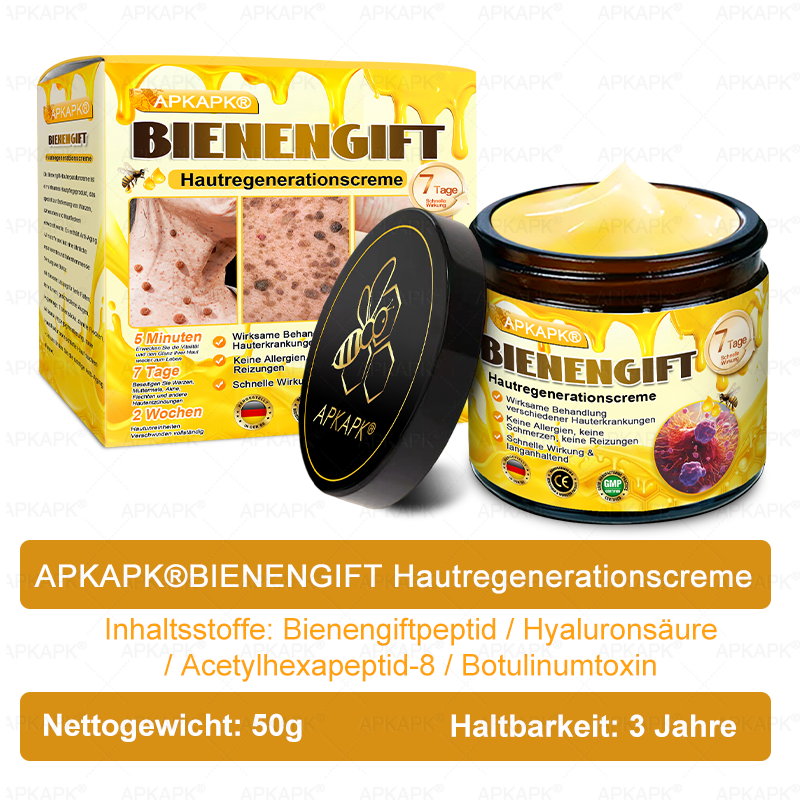 Hergestellt in Deutschland ✨APKAPK® Bienengift Hautregenerations creme – Anti-Aging, Feuchtigkeitsspendend, Hautreparatur, Hautbildverbesserung, Akne- und Pigmentfleckenbehandlung, Warzen- und Muttermalentfernung, Linderung bei Psoriasis